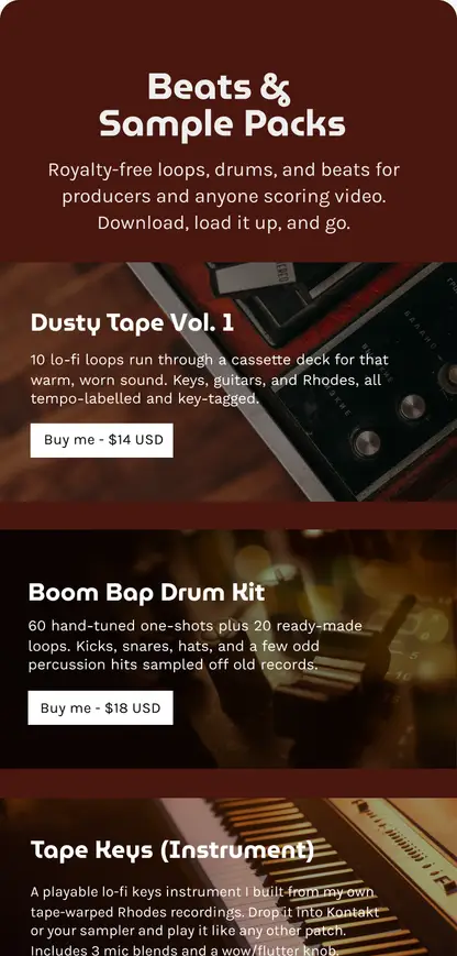 Sell Card store selling beats and sample packs