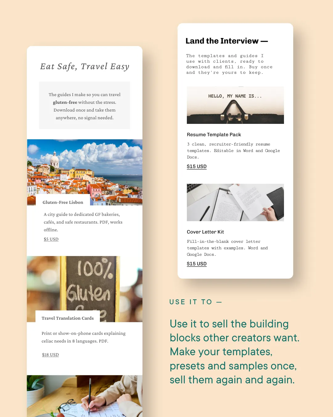 Example stores selling travel guides and resume templates | sell the building blocks other creators want